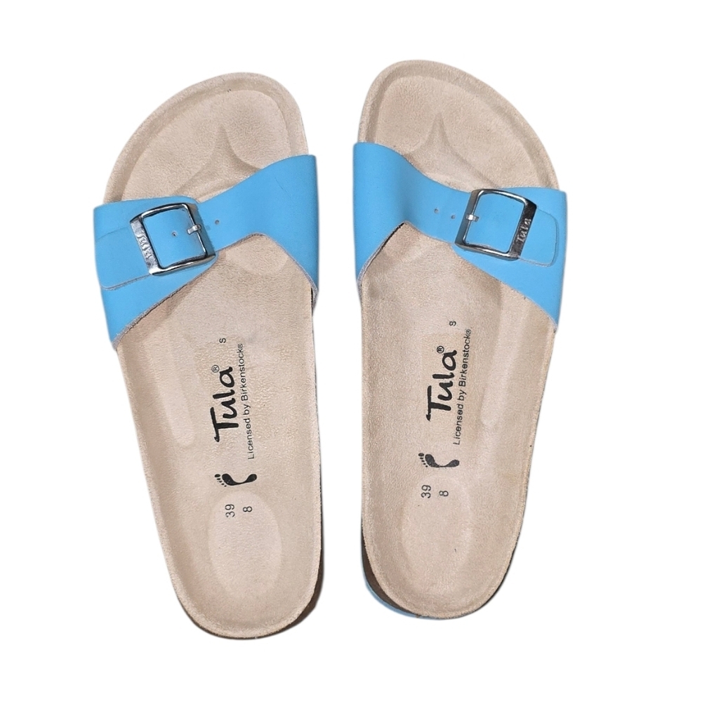 TULA by BIRKENSTOCK Madrid SZ 39/8 Turquoise Blue Sandal Slides Buckle Strap